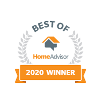 Logo of "best of homeadvisor 2020 winner" featuring a house icon, laurel wreath, and a ribbon in gray and orange colors for a mold removal service.