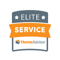 Logo for homeadvisor elite mold remediation service featuring a gray badge with two stars, an orange banner, and a house icon within a shield.