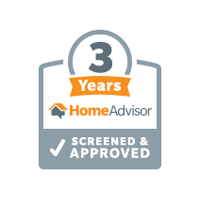 Logo showing "3 years" screened and approved by HomeAdvisor for water damage restoration service, featuring a checkmark and a house icon within a badge design.