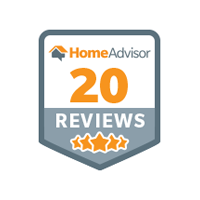 Logo of HomeAdvisor featuring a shield with "20 reviews" and a five-star rating below, specializing in mold remediation.