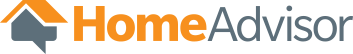 Logo of homeadvisor featuring an orange and gray house icon with a speech bubble, next to the text "homeadvisor" in orange and gray.