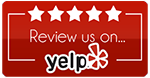 Red yelp review badge with five white stars, inviting people to review mold remediation services on Yelp.