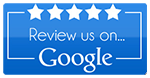 Blue "review us on google" button with five white stars for mold removal.