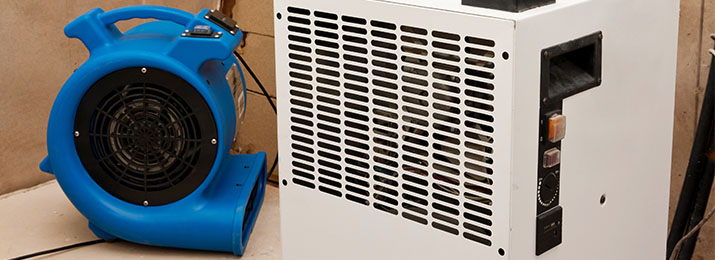 A blue industrial fan used for mold remediation next to a white metal electronic device with vents and dials on a cardboard surface.