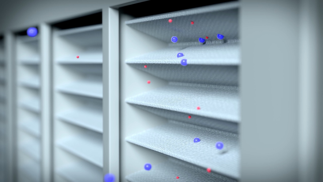 Close-up view of an empty white shelving unit with small blue and red dots scattered in the air, suggesting a focus on air quality testing.